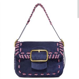 Tory Burch Navy Suede Shoulder Bag with Red & White Paracord Accents
